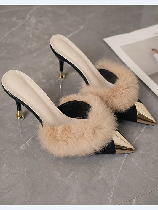 Women's Solid Color High Heel Slide Sandals With Metal Toe Fuzzy Decor