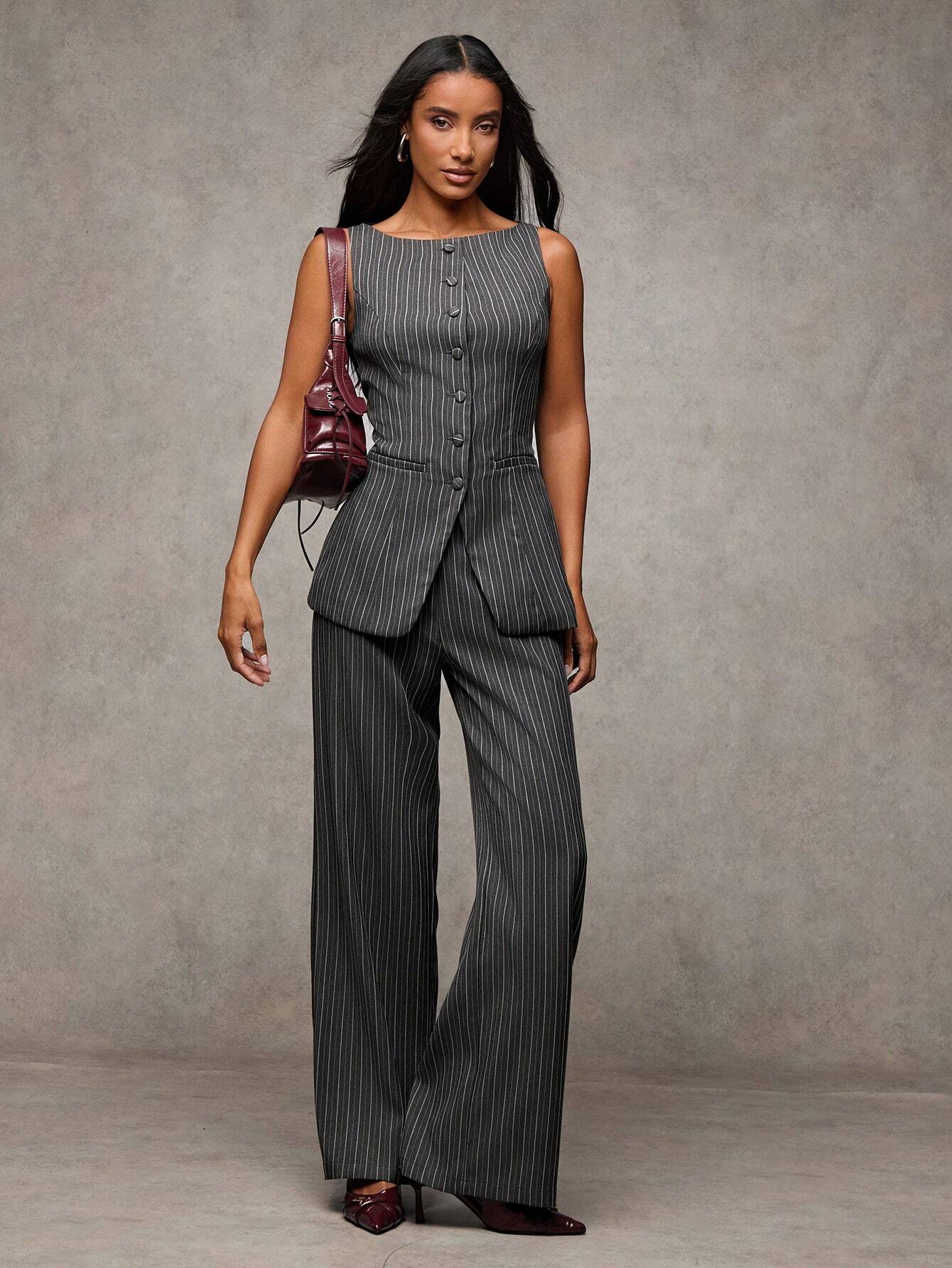 BAE Women's Solid Color Round Neck Single-Breasted Vest And Pants