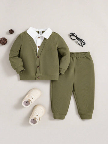 2pcs/Set Casual Knit Splice Lapel Jacket And Pants Suit For Baby Boys