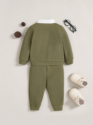 2pcs/Set Casual Knit Splice Lapel Jacket And Pants Suit For Baby Boys