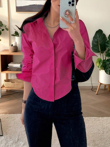 Women's Casual Solid Curved Hem Button Down Shirt