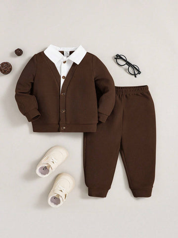 2pcs/Set Casual Knit Splice Lapel Jacket And Pants Suit For Baby Boys