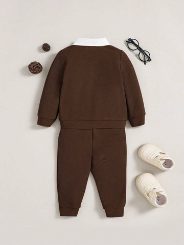 2pcs/Set Casual Knit Splice Lapel Jacket And Pants Suit For Baby Boys