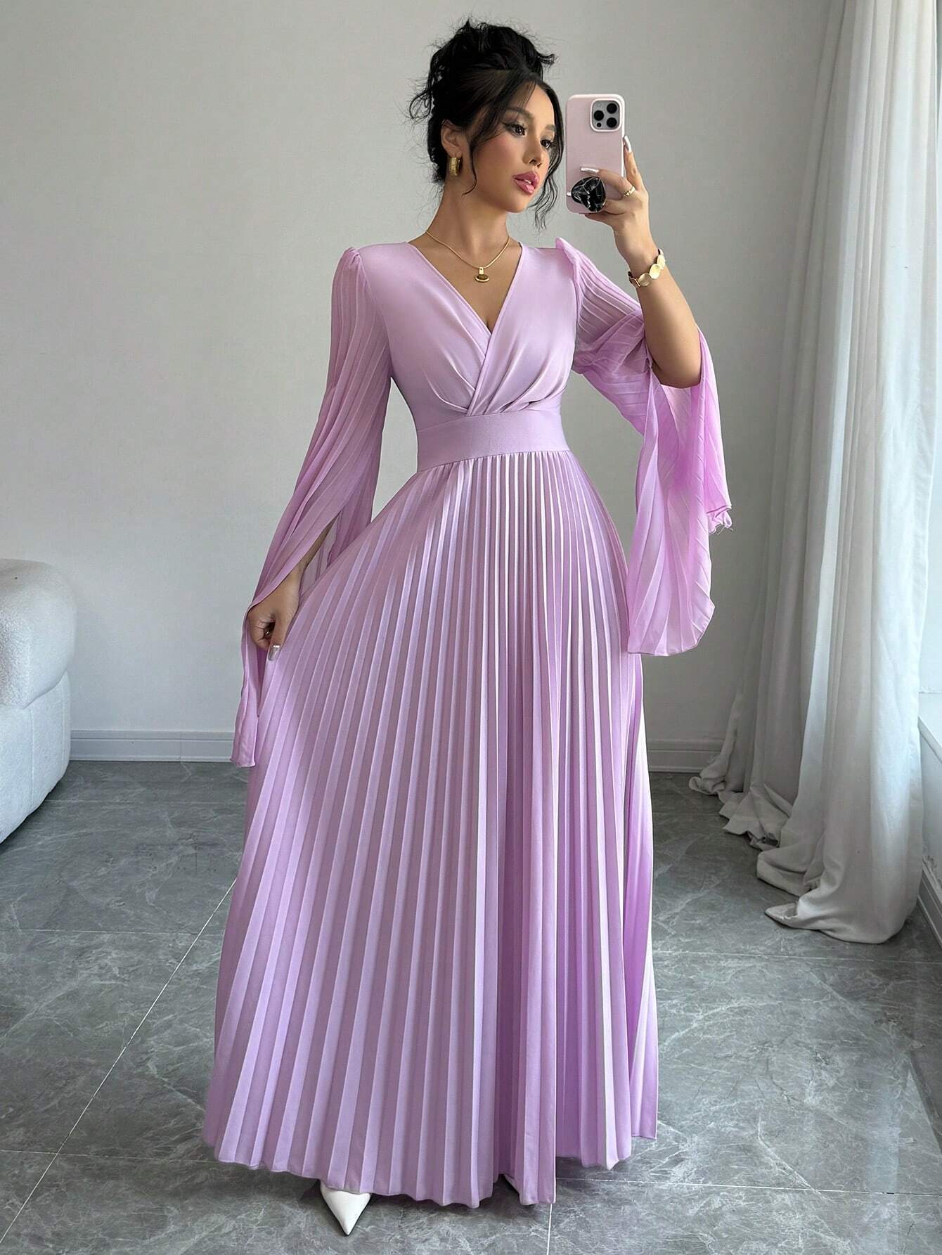 Elenzga V-Neck Pleated Open Sleeve Elegant Romantic Women Dress