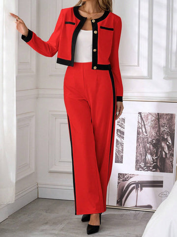 Clasi 2pcs Elegant Contrasting Trim Button-Front Shirt And Pants Set Women Pant Suit