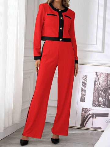 Clasi 2pcs Elegant Contrasting Trim Button-Front Shirt And Pants Set Women Pant Suit