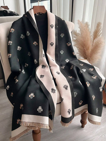 Cute 1pc Women's Double-Sided Imitation Cashmere Black And Beige Bee Jacquard Warm Scarf Shawl