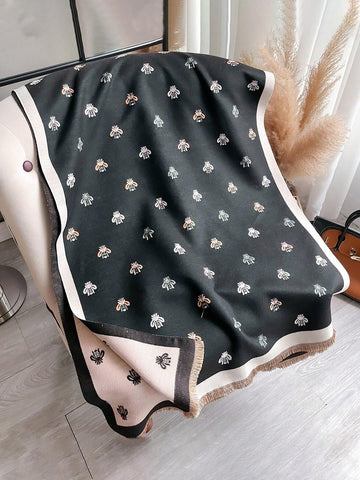 Cute 1pc Women's Double-Sided Imitation Cashmere Black And Beige Bee Jacquard Warm Scarf Shawl