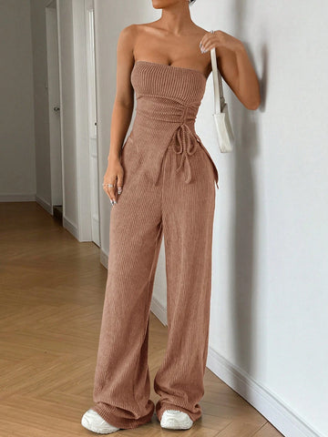 EZwear 2pcs Women Plain Color Asymmetrical Hem Pleated Drawstring Bandeau Top And Long Pants Set