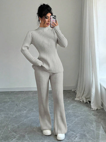 Elenzga 2pcs Women's Solid Stand Collar Long Sleeve Sweater And Lounge Pants Set