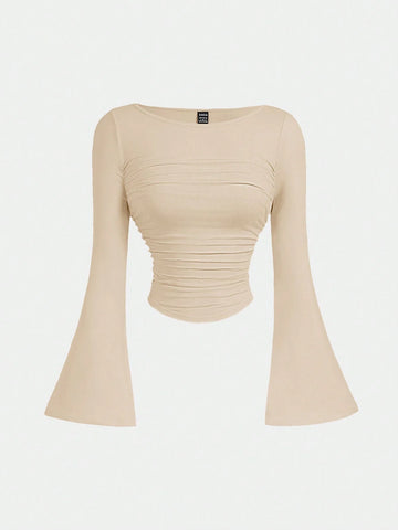 MOD Women's Solid Color Boat Neck Flared Sleeve Waist Ruched Casual T-Shirt