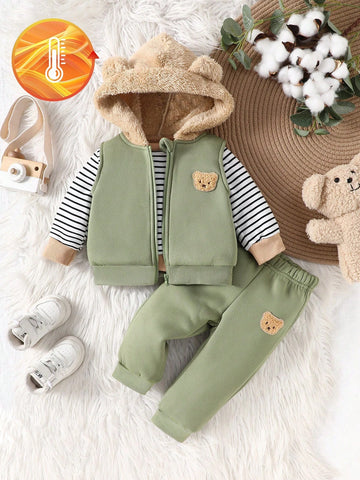 3pcs/Set Baby Boys Striped Crew Neck Sweatshirt, Bear Patch Zip-Up Hooded Vest Jacket, And Pants