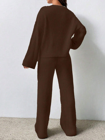 MOOSTA Solid Color Drop Shoulder Sweater And Knitted Wide Leg Pants