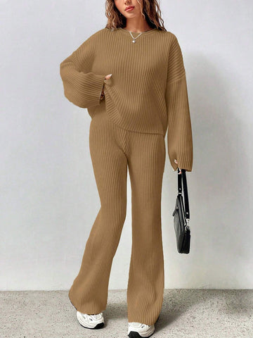 MOOSTA Solid Color Drop Shoulder Sweater And Knitted Wide Leg Pants