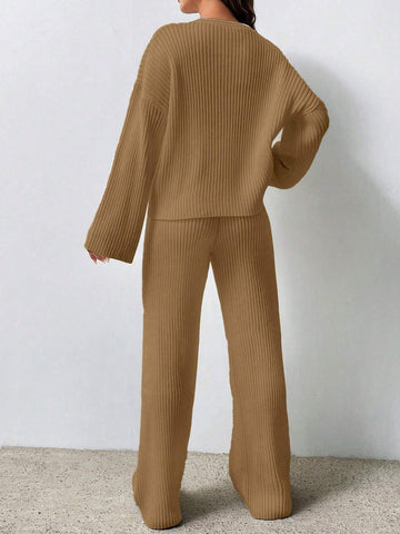 MOOSTA Solid Color Drop Shoulder Sweater And Knitted Wide Leg Pants