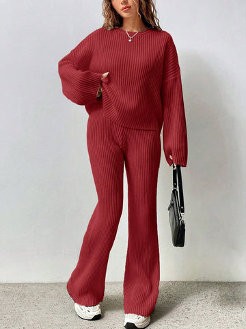 MOOSTA Solid Color Drop Shoulder Sweater And Knitted Wide Leg Pants