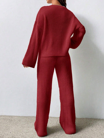 MOOSTA Solid Color Drop Shoulder Sweater And Knitted Wide Leg Pants