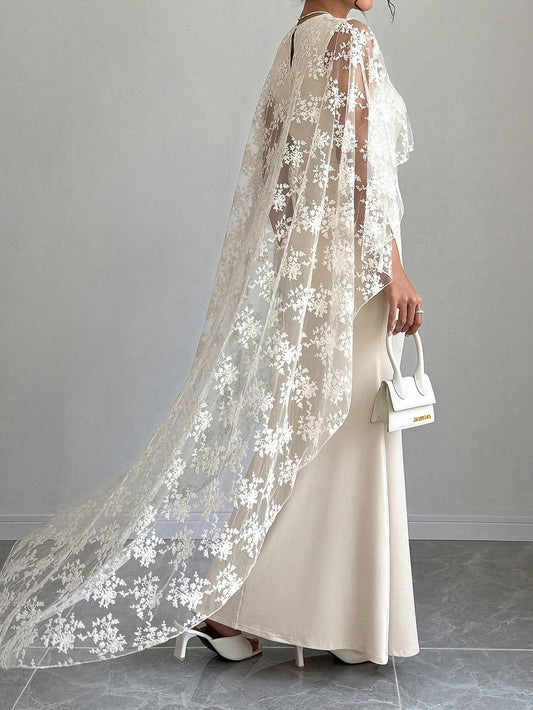 Raffin�a Women's Solid Color Round Neck Cape Sleeve Lace Patchwork Elegant Long Dress Maxi