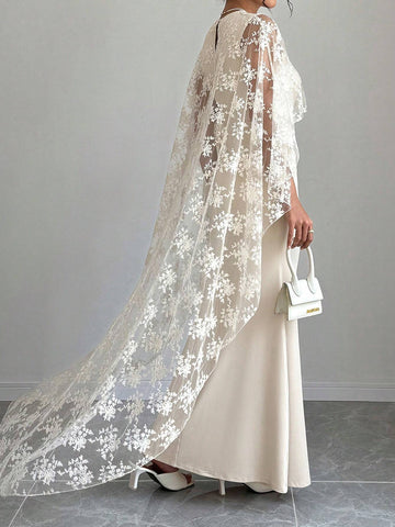 Raffin�a Women's Solid Color Round Neck Cape Sleeve Lace Patchwork Elegant Long Dress Maxi