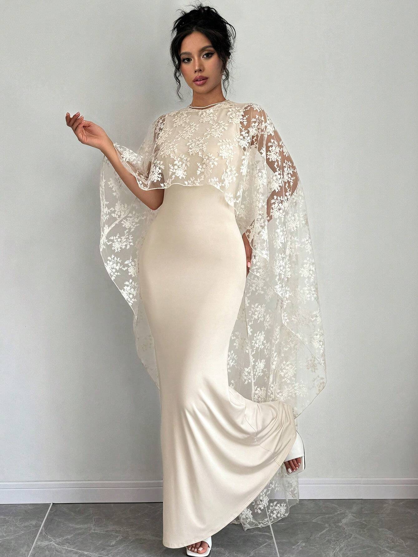 Raffin�a Women's Solid Color Round Neck Cape Sleeve Lace Patchwork Elegant Long Dress Maxi