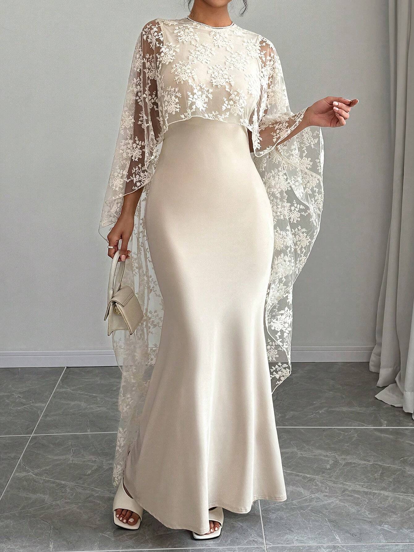 Raffin�a Women's Solid Color Round Neck Cape Sleeve Lace Patchwork Elegant Long Dress Maxi