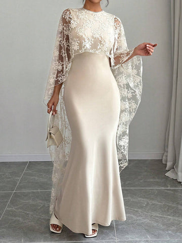 Raffin�a Women's Solid Color Round Neck Cape Sleeve Lace Patchwork Elegant Long Dress Maxi