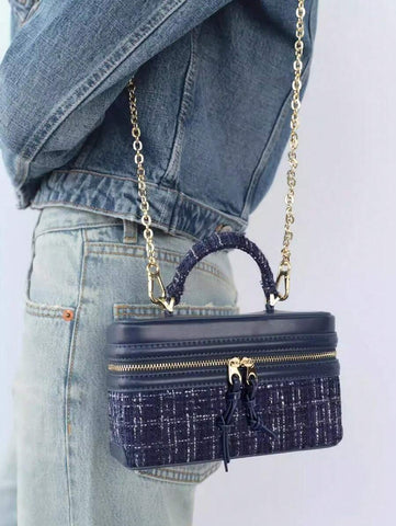 Fashionable Hard-Sided Blue Square Handbag, With Dual Shoulder Straps