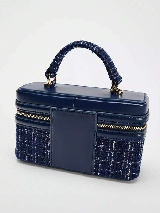 Fashionable Hard-Sided Blue Square Handbag, With Dual Shoulder Straps