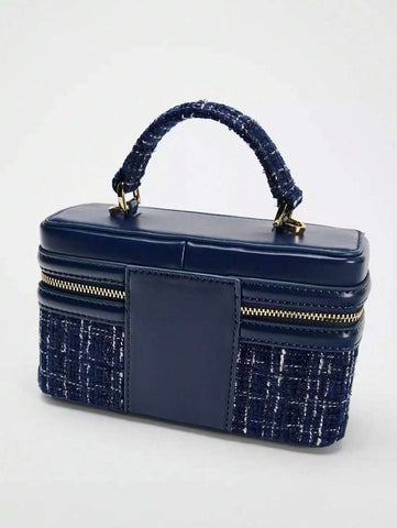 Fashionable Hard-Sided Blue Square Handbag, With Dual Shoulder Straps