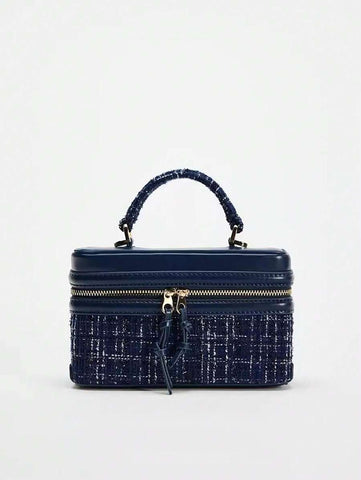 Fashionable Hard-Sided Blue Square Handbag, With Dual Shoulder Straps