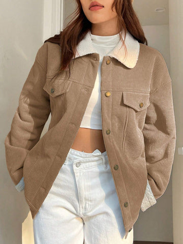 EZwear Borg Collar Drop Shoulder Teddy Lined Corduroy Jacket