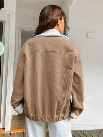 EZwear Borg Collar Drop Shoulder Teddy Lined Corduroy Jacket