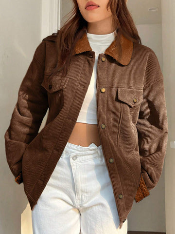 EZwear Borg Collar Drop Shoulder Teddy Lined Corduroy Jacket