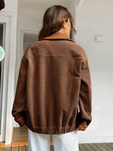 EZwear Borg Collar Drop Shoulder Teddy Lined Corduroy Jacket