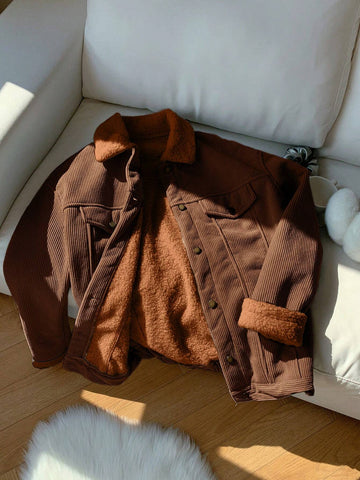 EZwear Borg Collar Drop Shoulder Teddy Lined Corduroy Jacket