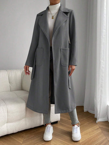 EZwear Apricot Lapel Neck Dual Pocket Belted Overcoat