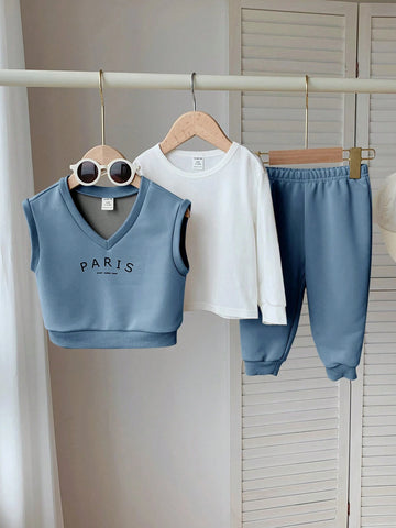 3pcs Set Baby Boy/Girl Letter Print Crew Neck Short Sleeve Top And Solid Color Pants