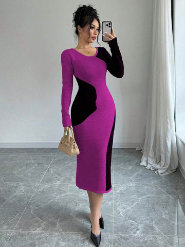 Elenzya Women's Colorblock Round Neck Long Sleeve Maxi Sweater Dress