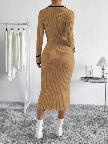 Raffinéa Striped Trim Button Front Sweater Dress