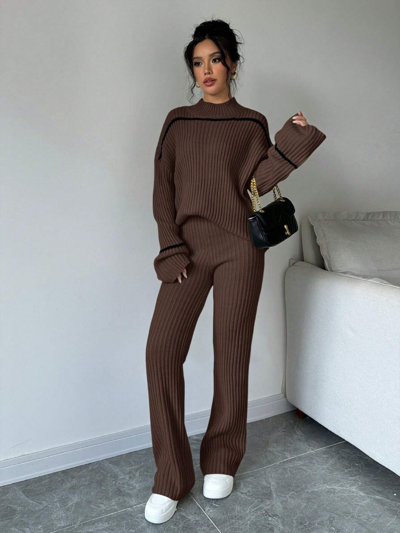 Essnce Stand Collar Color Block Trim Long Sleeve Sweater Top And Long Pants 2 Piece Set