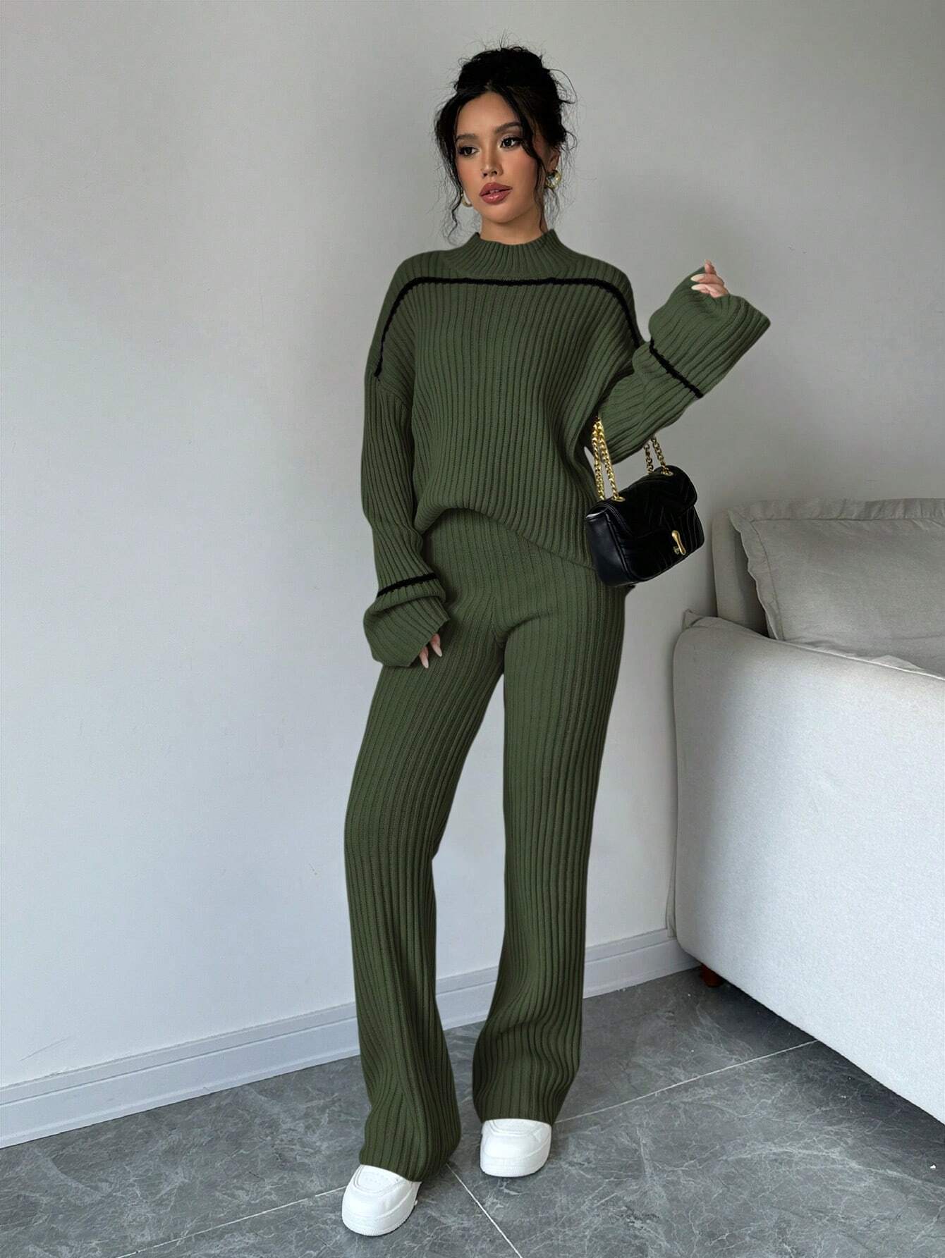 Essnce Stand Collar Color Block Trim Long Sleeve Sweater Top And Long Pants 2 Piece Set