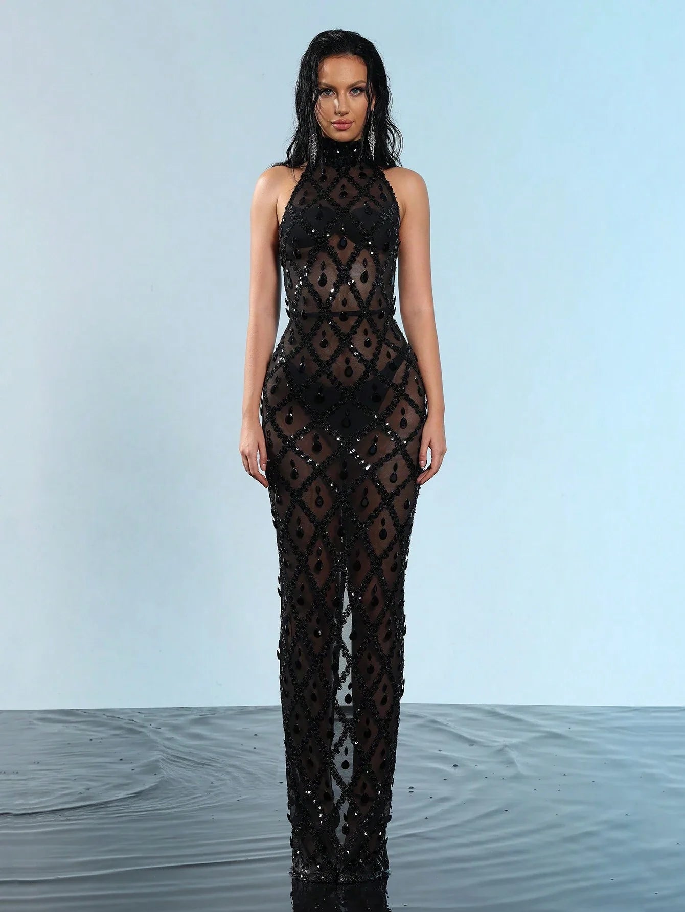 Modphy Luxurious Shiny Crystal Diamond High Neck Sheer Mesh Bodycon Dress