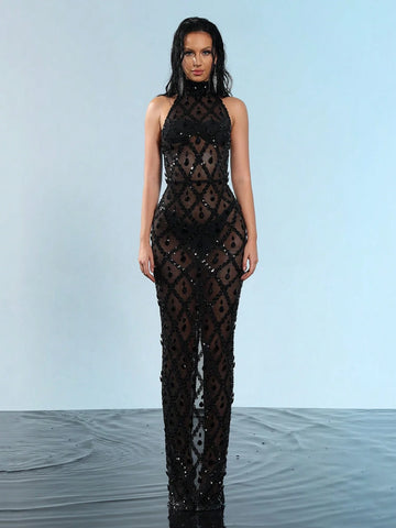Modphy Luxurious Shiny Crystal Diamond High Neck Sheer Mesh Bodycon Dress