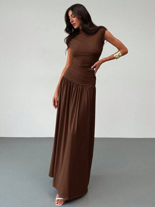 Elegant Stand Collar Pleatered Slim Fit Top And High Waist Skirt