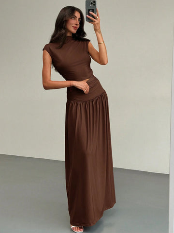 Elegant Stand Collar Pleatered Slim Fit Top And High Waist Skirt