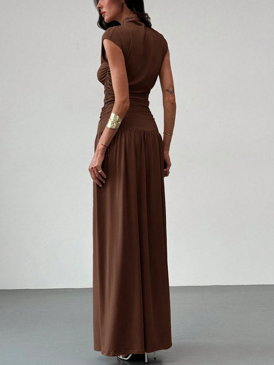 Elegant Stand Collar Pleatered Slim Fit Top And High Waist Skirt