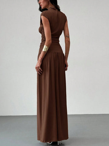Elegant Stand Collar Pleatered Slim Fit Top And High Waist Skirt