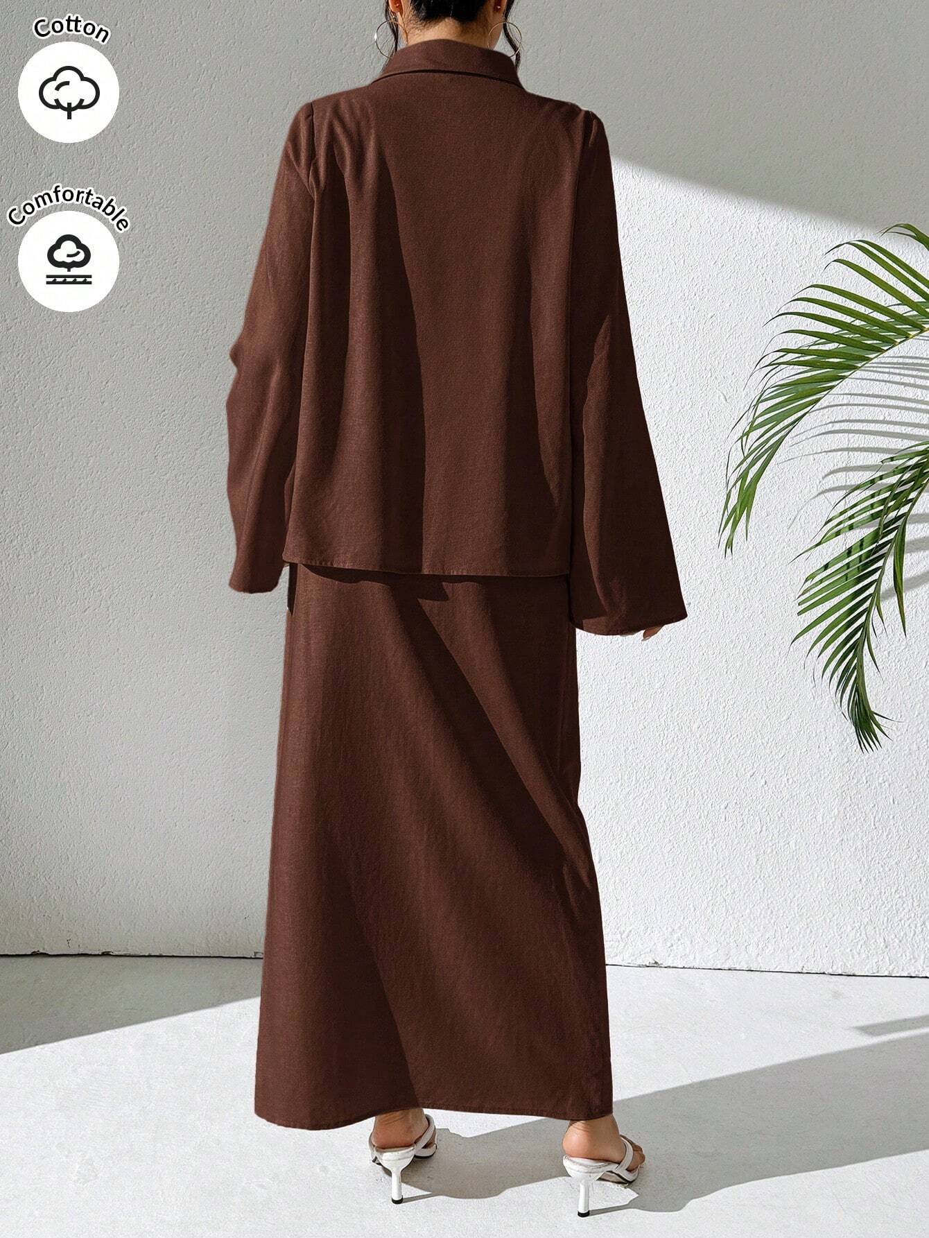 Mulvari Burgundy Red 2pcs Women's Casual Button-Up Shirt And A-Line Skirt Set