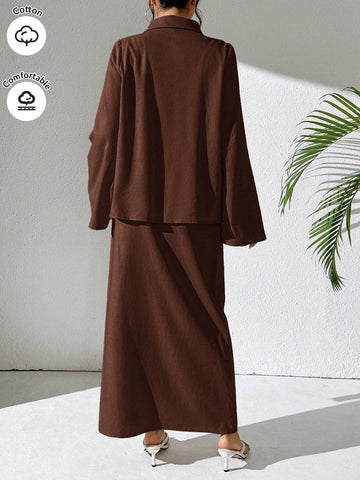 Mulvari Burgundy Red 2pcs Women's Casual Button-Up Shirt And A-Line Skirt Set