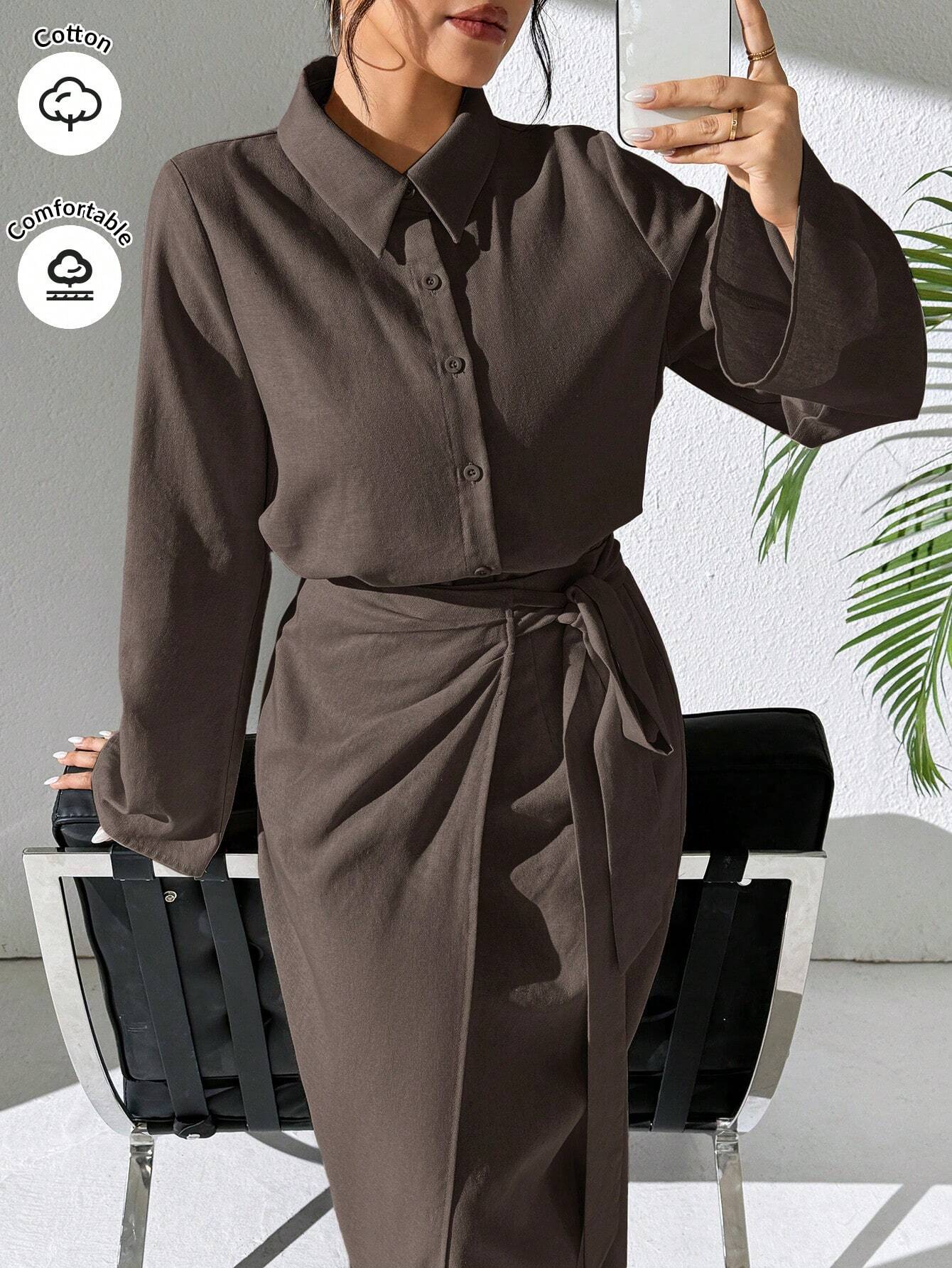 Mulvari Burgundy Red 2pcs Women's Casual Button-Up Shirt And A-Line Skirt Set